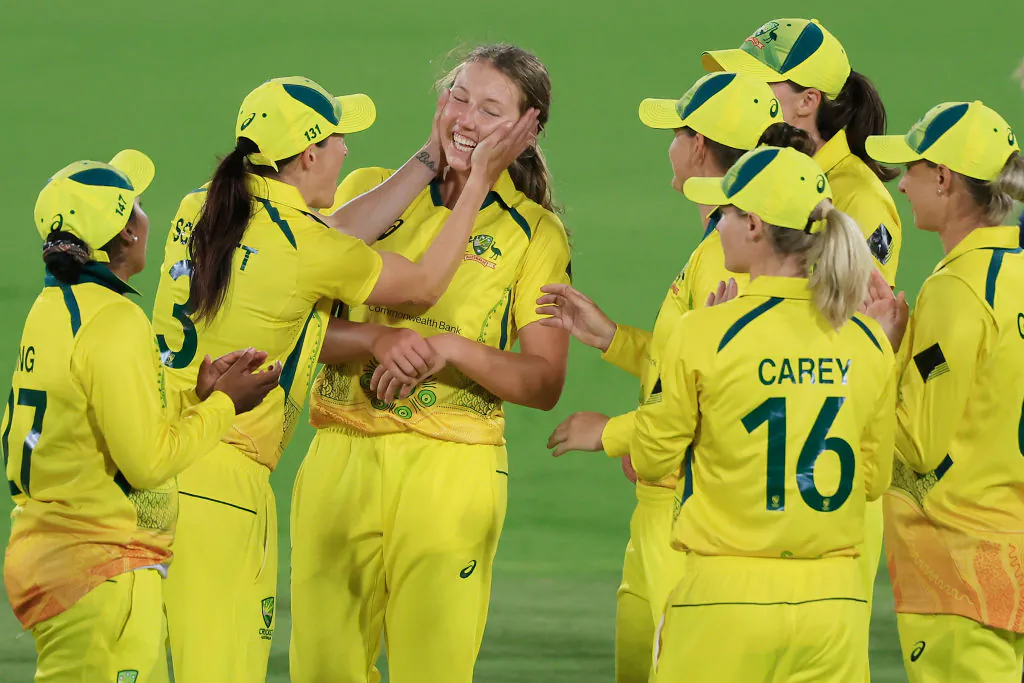 Darcie Brown celebrates the wicket of Sophie Ecclestone during game one of the Women's Ashes One Day International series between Australia and England at Manuka Oval in Canberra, Australia on February 03, 2022. (Photo by Mark Evans/Getty Images)