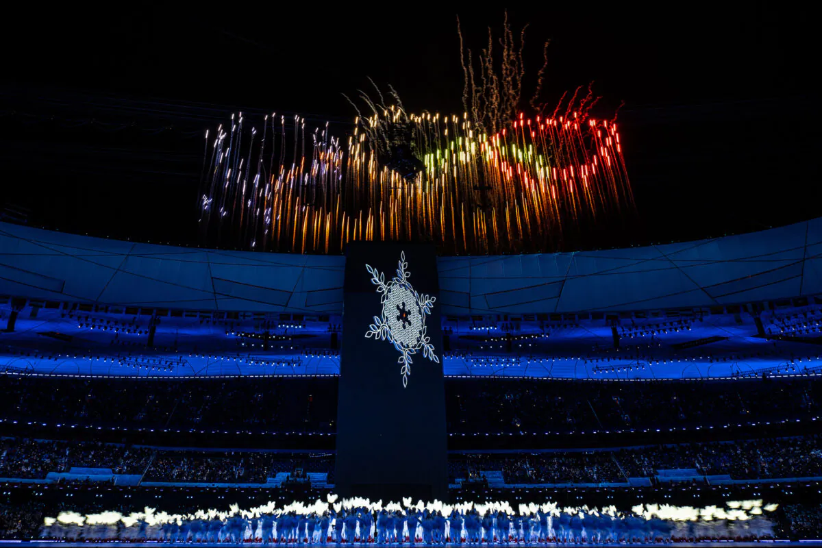 General View inside the stadium of the Olympic Cauldron as a firework display is seen above during the opening ceremony of the 2022 Winter Olympics at the Beijing National Stadium in Beijing, China, on Feb. 4, 2022. (David Ramos/Getty Images)