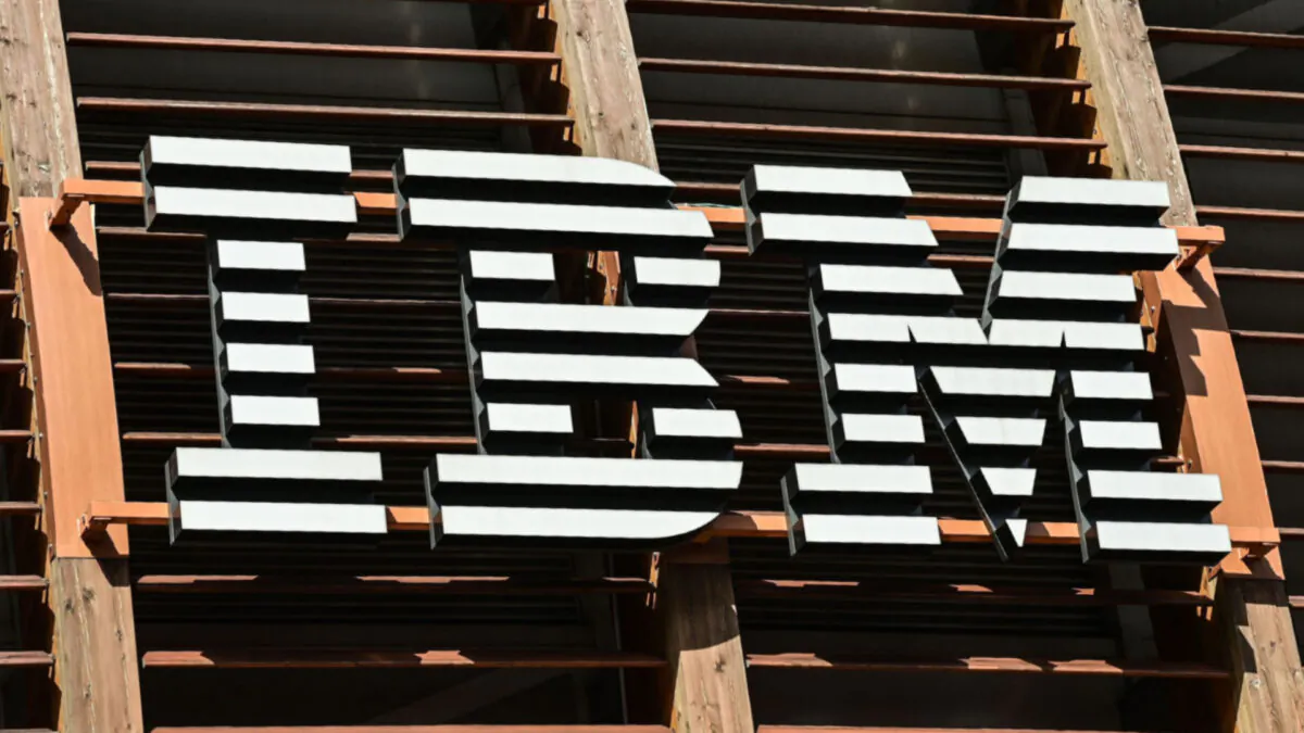 The IBM logo is pictured in the Garibaldi-Porta Nuova modern district of Milan, Italy, on June 22, 2021. (Miguel Medina/AFP via Getty Images)