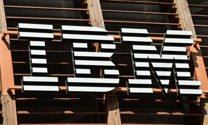 The IBM logo is pictured in the Garibaldi-Porta Nuova modern district of Milan, Italy, on June 22, 2021. (Miguel Medina/AFP via Getty Images)