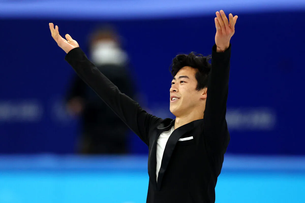 Nathan Chen of Team United States reacts in the Men's Single Skating Short Program Team Event during the Beijing 2022 Winter Olympic Games at Capital Indoor Stadium in Beijing on Feb. 4, 2022. (Elsa/Getty Images)