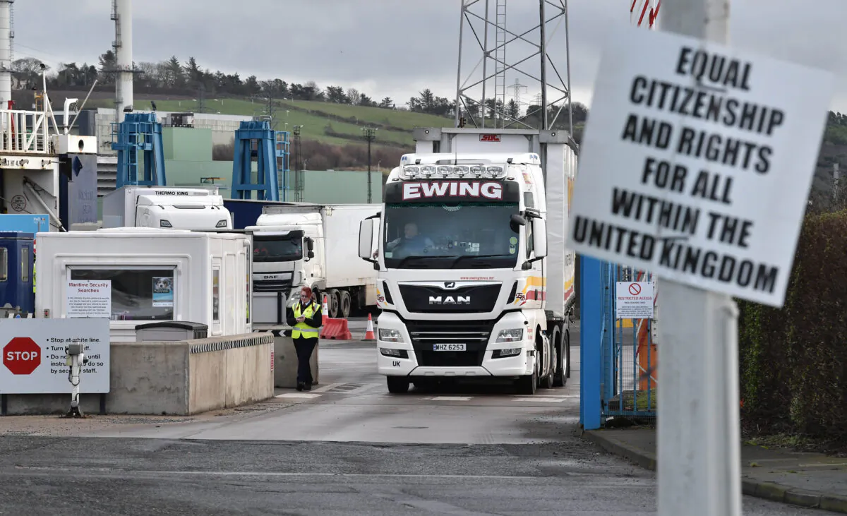 Freight and goods lorries disembark from a ferry in Larne, Northern Ireland, on Feb. 3, 2022. (Charles McQuillan/Getty Images)
