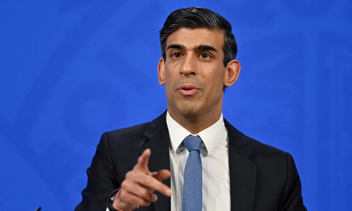 The UK's Chancellor of the Exchequer Rishi Sunak speaking at a press conference in Downing Street, London, on Feb. 3, 2022. (Justin Tallis/PA Media)

