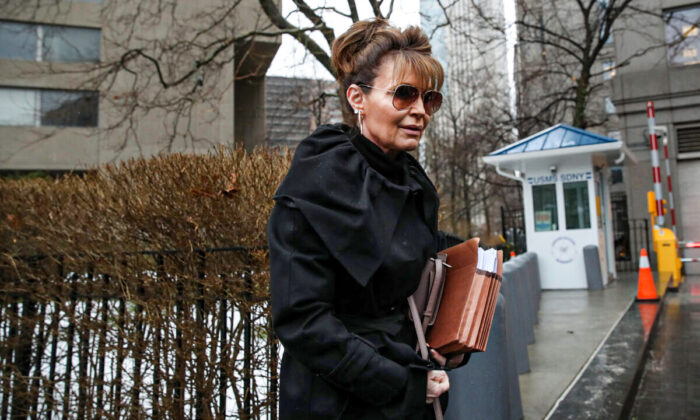 Former Alaska Gov. Sarah Palin arrives at a federal court in Manhattan to resume a case against the New York Times after it was postponed because she tested positive for COVID-19 in New York City on Feb. 3, 2022. (Spencer Platt/Getty Images)
