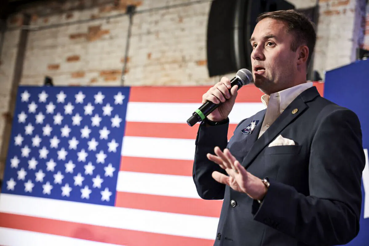 Jason Miyares, who later won the election for Virginia attorney general and was sworn into office, speaks to a rally in a file photograph. (Anna Moneymaker/Getty Images)