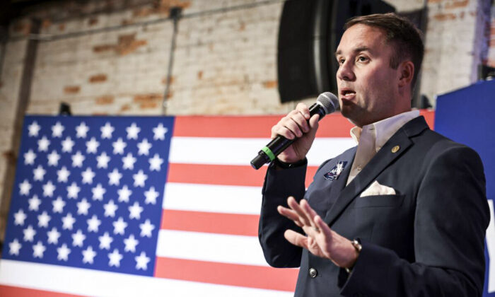 Jason Miyares, who later won the election for Virginia attorney general and was sworn into office, speaks to a rally in a file photograph. (Anna Moneymaker/Getty Images)