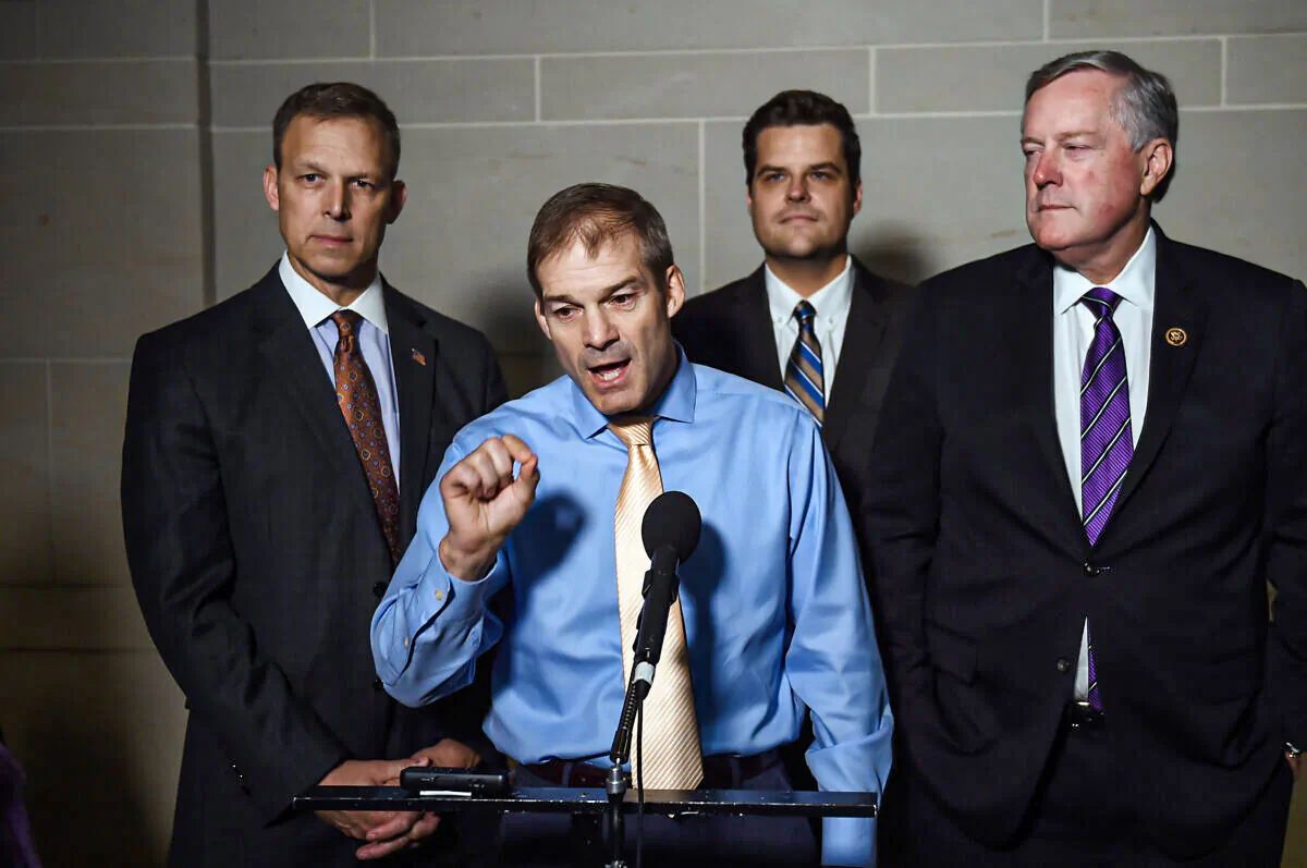 (L-R) Reps. Scott Perry (R-Pa.), Jim Jordan (R-Ohio), Matt Gaetz, (R-Fla.), and Mark Meadows, (R-N.C.), speak to reporters after a closed-door meeting with Ambassador Gordon Sondland was cancelled on Capitol Hill on Oct. 8, 2019. (Olivier Douliery/AFP via Getty Images)