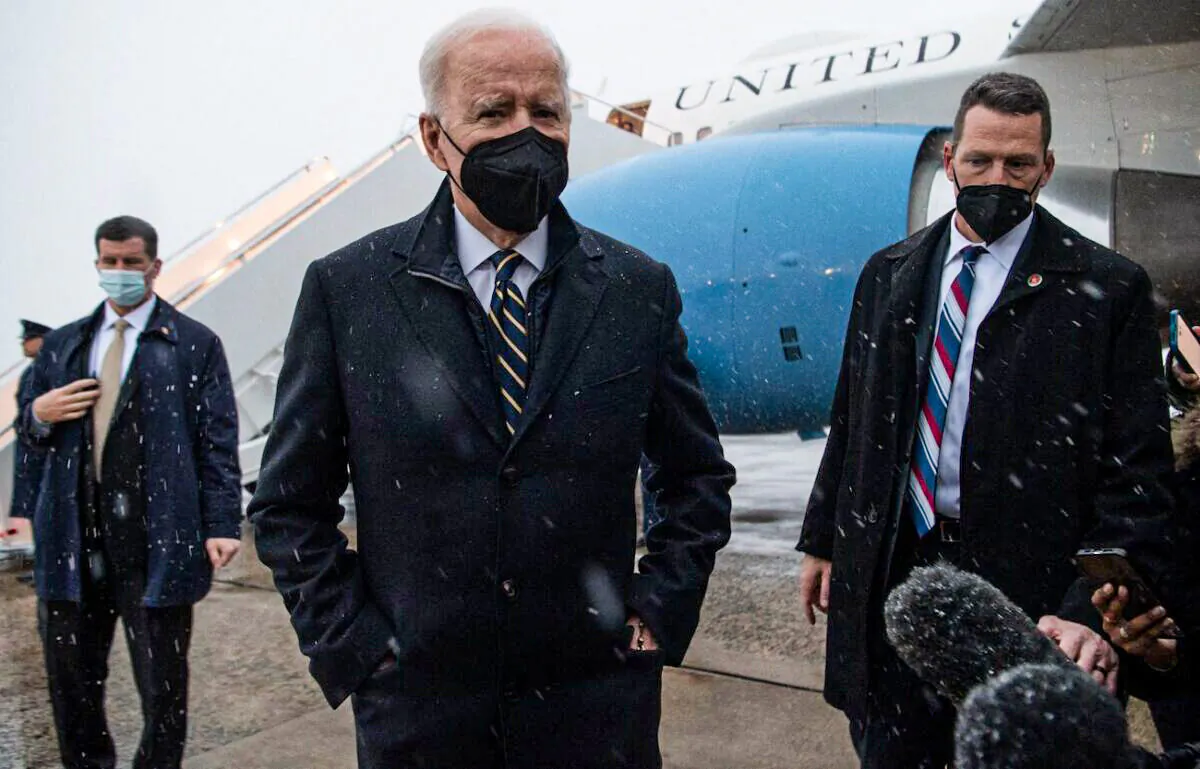 President Joe Biden speaks to the press about the situation in Ukraine, after arriving on Air Force One at Joint Base Andrews in Maryland, on Jan. 28, 2022. (Saul Loeb/AFP via Getty Images)