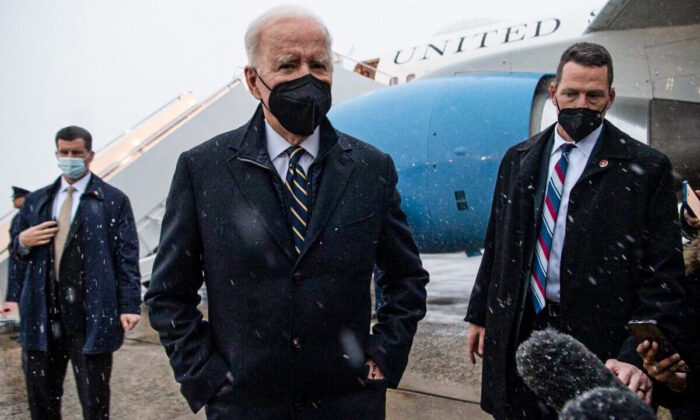 President Joe Biden speaks to the press about the situation in Ukraine, after arriving on Air Force One at Joint Base Andrews in Maryland, on Jan. 28, 2022. (Saul Loeb/AFP via Getty Images)