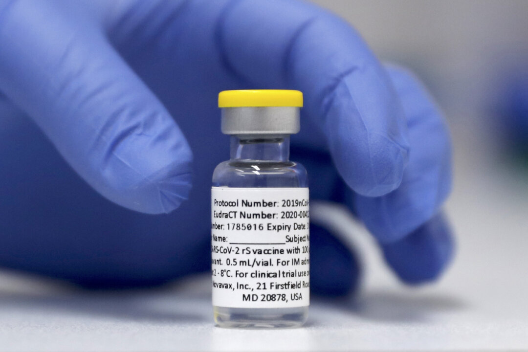 A vial of the Phase 3 Novavax COVID-19 vaccine. (AP Photo/Alastair Grant)
