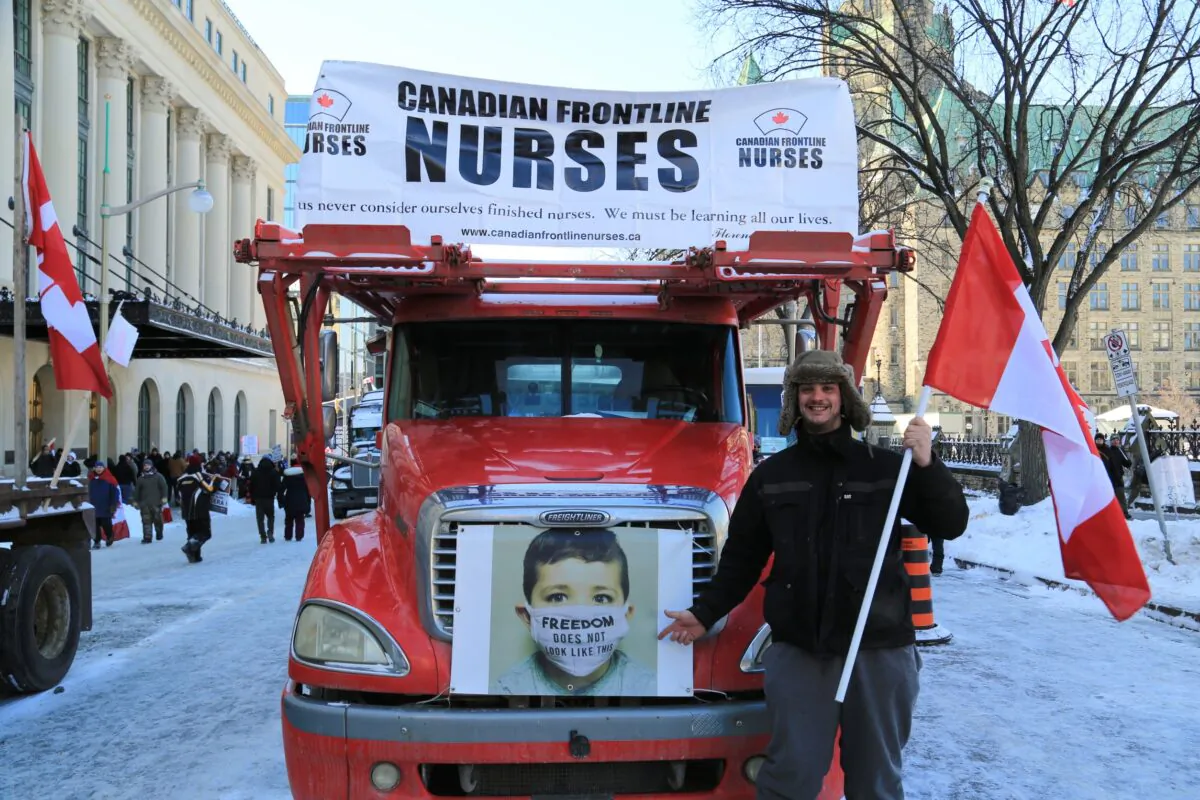 Protesters gather in Parliament Hill in Ottawa to demonstrate against COVID-19 mandates and restrictions on Feb. 5, 2022. (Jonathan Ren/The Epoch Times)