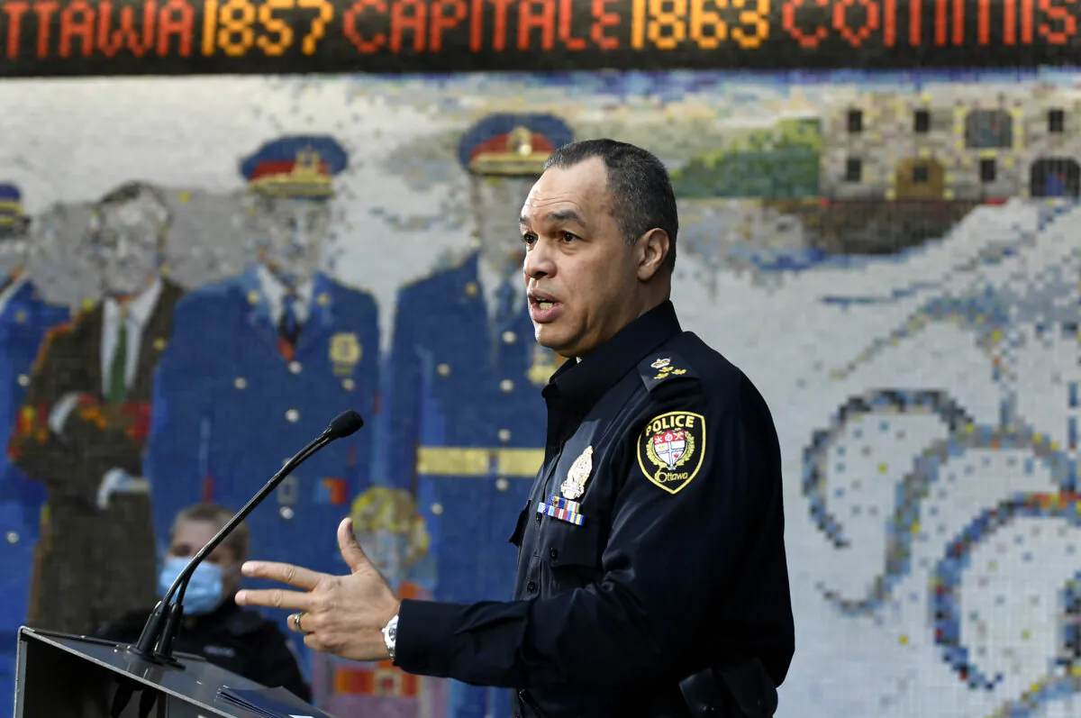 Then-Ottawa Police Chief Peter Sloly speaks at a news conference in Ottawa, on Feb. 4, 2022. (Justin Tang/The Canadian Press)