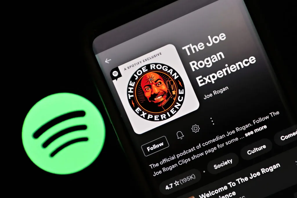 In this photo illustration, "The Joe Rogan Experience" podcast is viewed on Spotify's mobile app, in New York City, on Jan. 31, 2022. (Cindy Ord/Getty Images)