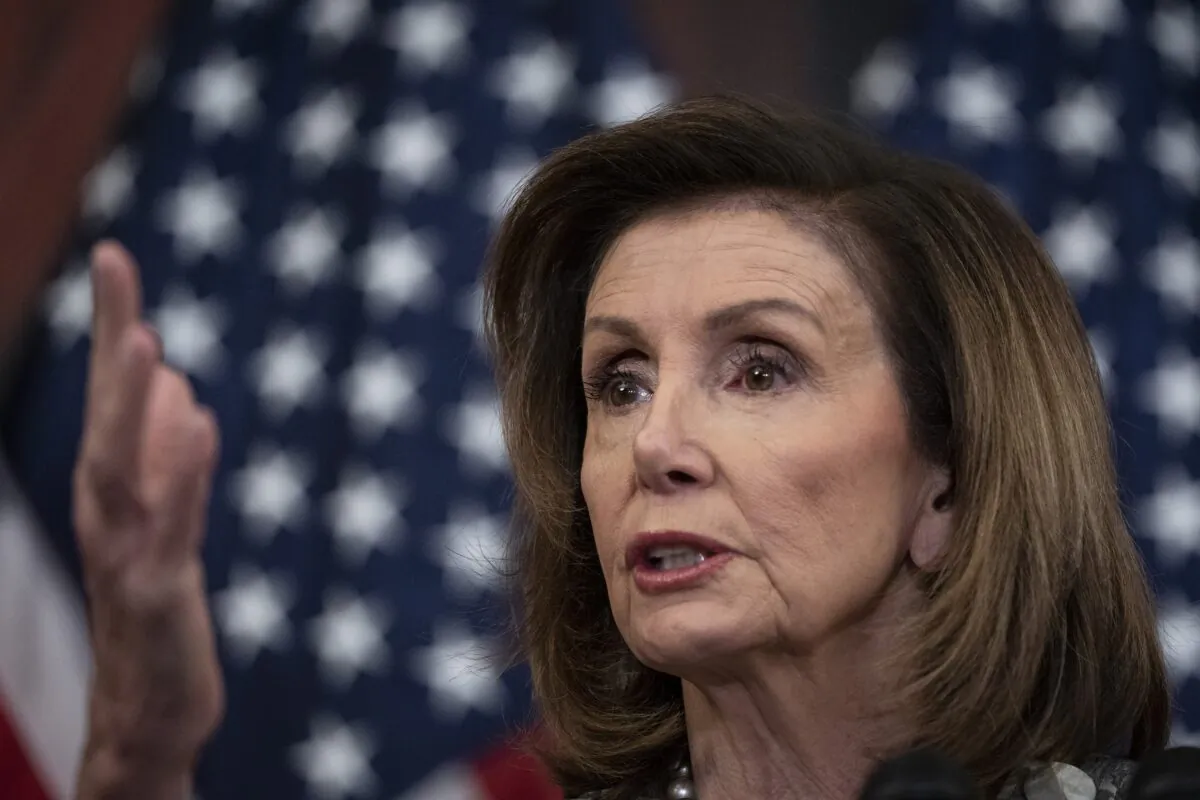 Speaker of the House Nancy Pelosi (D-Calif.) speaks about the COMPETES Act at the U.S. Capitol on Feb. 4, 2022. (Drew Angerer/Getty Images)