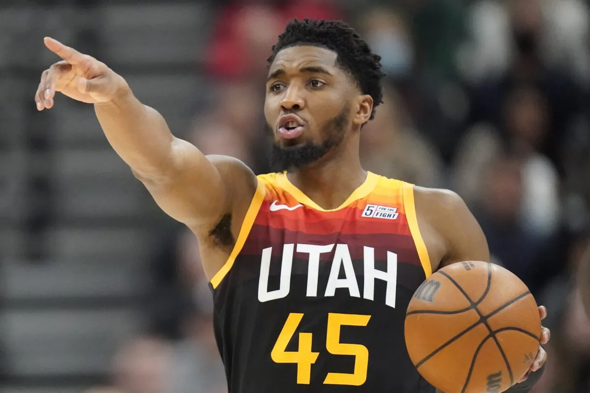 Utah Jazz guard Donovan Mitchell (45) brings the ball upcourt in the second half during an NBA basketball game against the Brooklyn Nets, in Salt Lake on Feb. 4, 2022. (Rick Bowmer/AP Photo)
