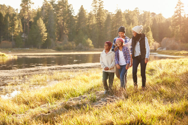 African,American,Family,Walking,By,Lake