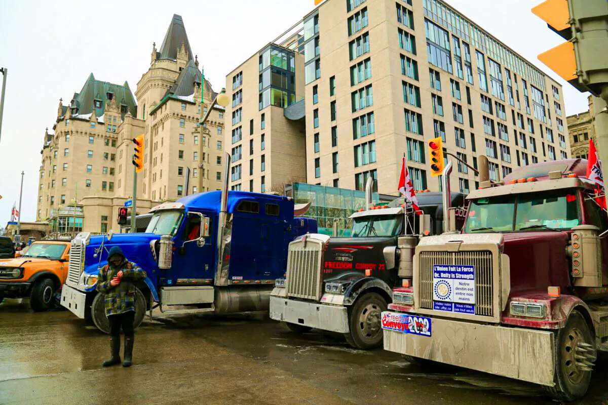 Trucks parked in downtown Ottawa as demonstrators continue to protest COVID-19 mandates and restrictions on Feb. 2, 2022. (Jonathan Ren/The Epoch Times)