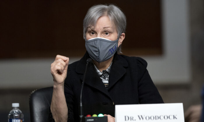 Dr. Janet Woodcock, acting commissioner of the Food and Drug Administration, answers questions at a Senate Health, Education, Labor, and Pensions Committee hearing on Capitol Hill in Washington, on Jan. 11, 2022. (Greg Nash/Pool/Getty Images)