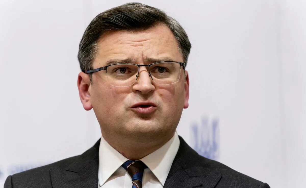 Ukrainian Foreign Minister Dmytro Kuleba gives a press conference following his meeting with U.S. Secretary of State at the Ministry of Foreign Affairs in Kyiv, Ukraine, on Jan. 19, 2022. (Alex Brandon/Pool/AFP via Getty Images)