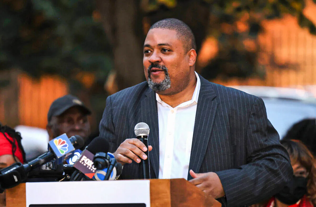 Alvin Bragg speaks during a Get Out the Vote rally at a Philip Randolph Square in Harlem in New York City on Nov. 1, 2021. (Michael M. Santiago/Getty Images)