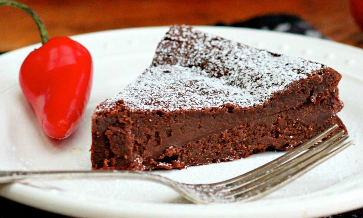 Laced with chile powder, cayenne, and cinnamon, this dense fudgy cake has a kick of smoke and heat cloaked in chocolate. (Lynda Balslev for Tastefood)