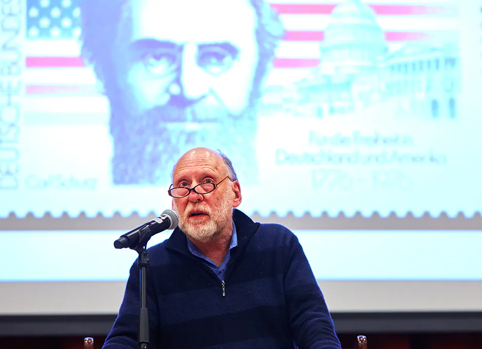 Todd Gitlin gives a keynote address at the 2018 International and Interdisciplinary Conference, "1968, 50 Years of Struggle," in Middlebury, Vt., on March 8, 2018. (Middlebury.edu)