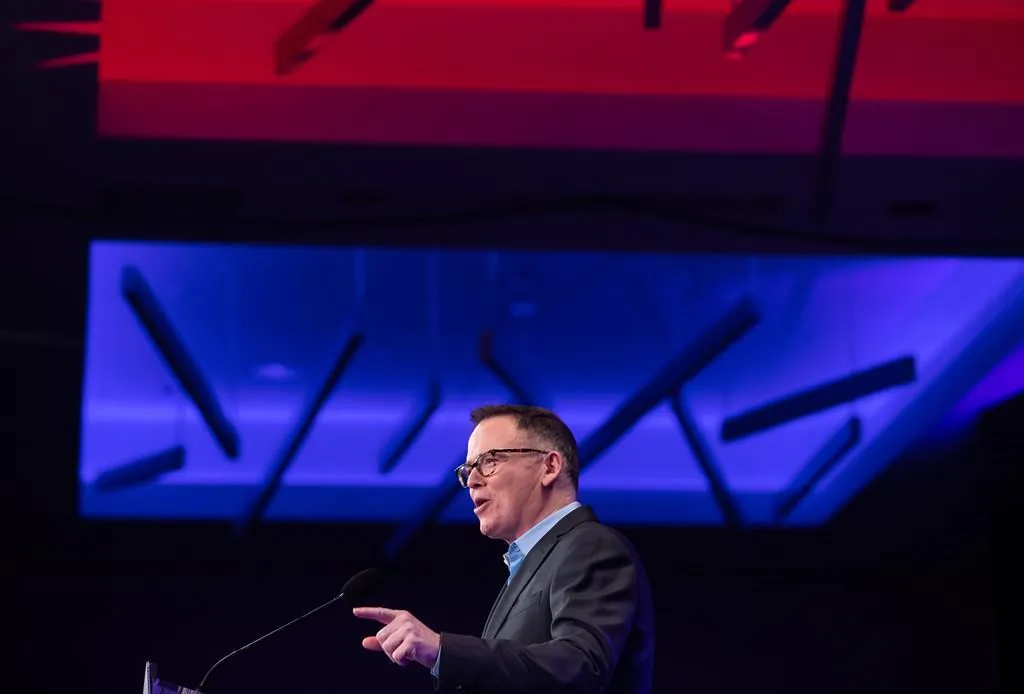 Kevin Falcon addresses the crowd after being elected leader of the British Columbia Liberal Party in Vancouver, on Feb. 5, 2022. (The Canadian Press/Darryl Dyck)