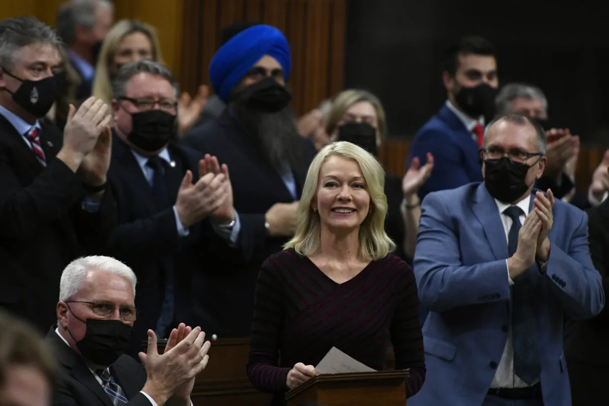 Interim leader of the Conservative Party Candice Bergen rises during question period in the House of Commons on Parliament Hill in Ottawa on Feb. 7, 2022. (Justin Tang/The Canadian Press)