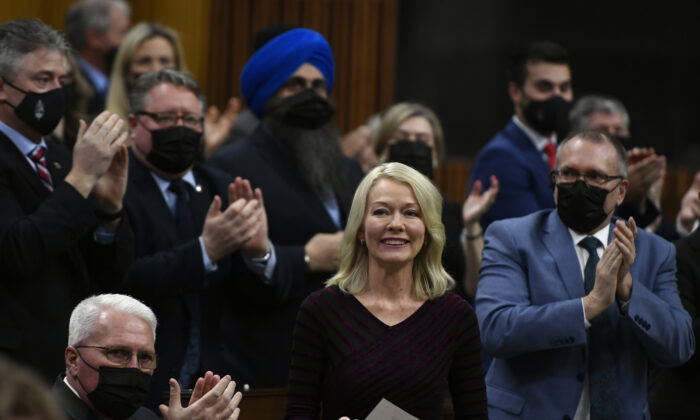 Interim leader of the Conservative Party Candice Bergen rises during question period in the House of Commons on Parliament Hill in Ottawa on Feb. 7, 2022. (Justin Tang/The Canadian Press)
