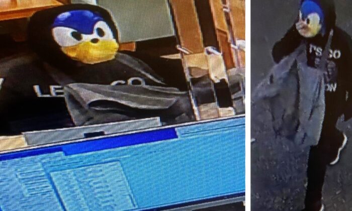 This collage of pictures shows the suspect who has been accused of trying to rob a Florida Credit Union bank on Woodland Blvd in DeLand, Florida, on Feb. 2, 2022. (Courtesy of DeLand Police Department)