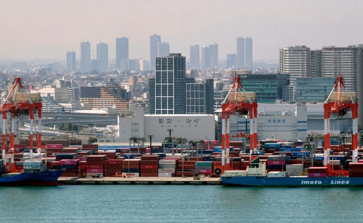Containers are seen at the international cargo terminal at the port of Tokyo on March 18, 2020.  (Photo by Kazuhiro Nogi / AFP via Getty Image)