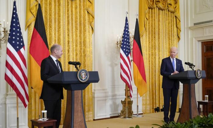 President Joe Biden speaks during a joint news conference with German Chancellor Olaf Scholz in the East Room of the White House in Washington on Feb. 7, 2022. (Alex Brandon/AP Photo)