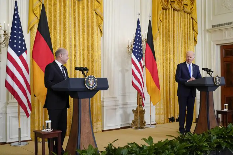 President Joe Biden speaks during a joint news conference with German Chancellor Olaf Scholz in the East Room of the White House in Washington on Feb. 7, 2022. (Alex Brandon/AP Photo)