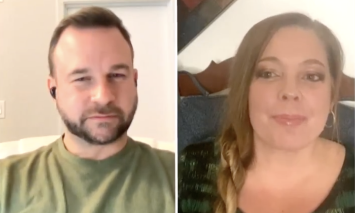 (Left) The coordinator of the Canadian Freedom Convoy 2022, Benjamin Dichter, on NTD's The Nation Speaks on Feb. 5, 2022; (Right) one of the organizers behind the U.S. trucker Convoy to Save America, Denby Melisha Morgan, on NTD's The Nation Speaks on Feb. 5, 2022. (NTD)