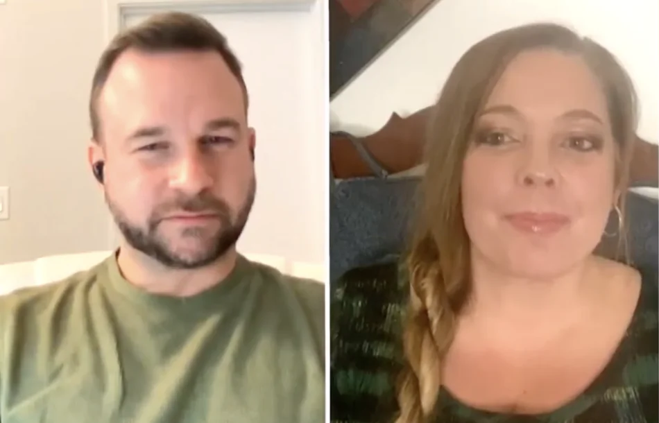 (Left) The coordinator of the Canadian Freedom Convoy 2022, Benjamin Dichter, on NTD's The Nation Speaks on Feb. 5, 2022; (Right) one of the organizers behind the U.S. trucker Convoy to Save America, Denby Melisha Morgan, on NTD's The Nation Speaks on Feb. 5, 2022. (NTD)