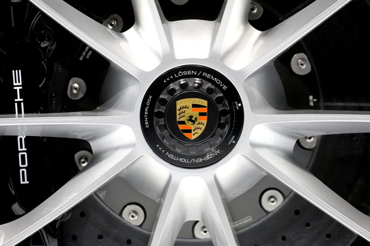The Porsche logo is seen on a wheel of the 2020 Porsche 911 Speedster as it is revealed at the 2019 New York International Auto Show in New York City, N.Y., on April 17, 2019. (Brendan McDermid/Reuters)