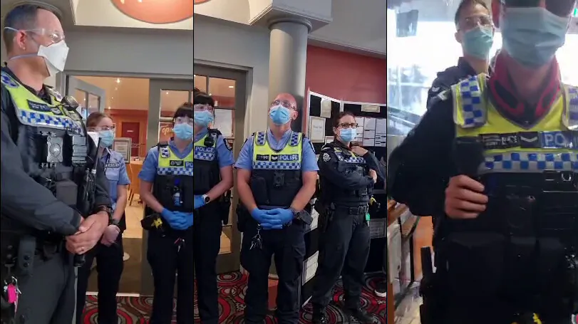 Three panels display police standing outside of the Topolinis Caffe restaurant in Perth, Australia on Feb. 7, 2022. (Scorpion Media Group)
