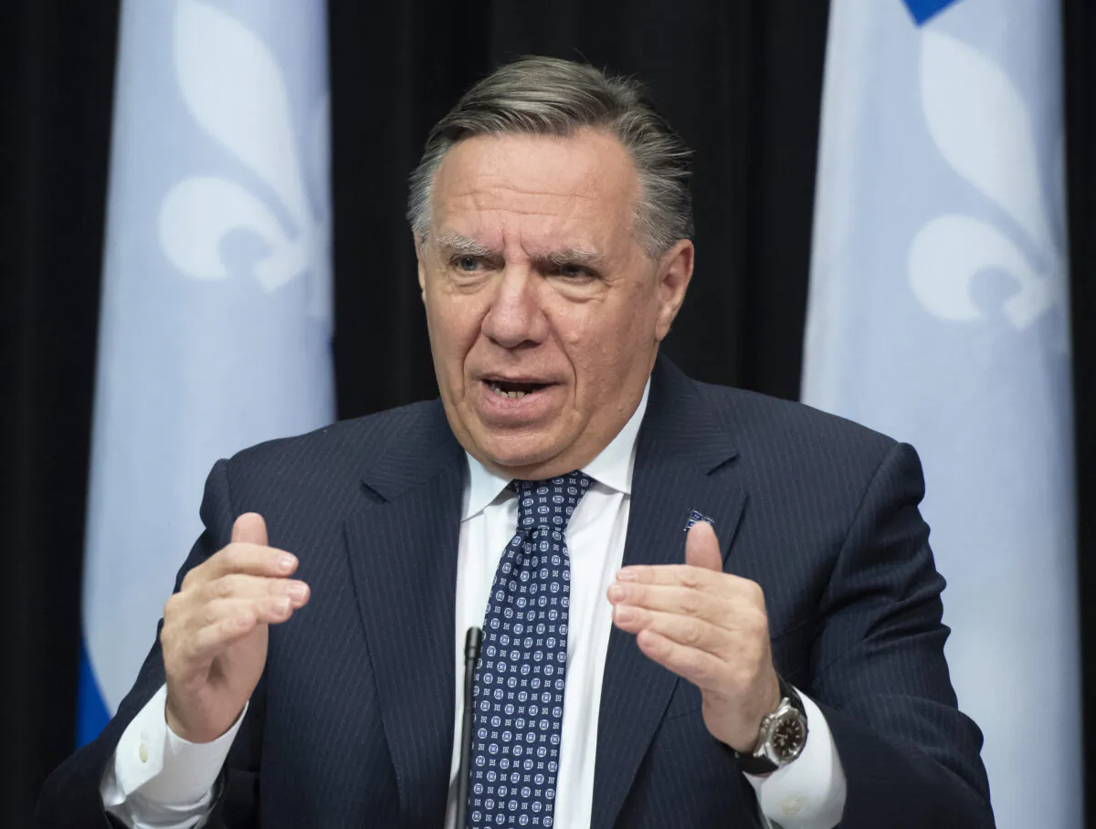 Quebec Premier Francois Legault announces a relaxation of health measures during a news conference on the COVID-19 pandemic, on Feb. 8, 2022 at the legislature in Quebec City. (The Canadian Press/Jacques Boissinot)