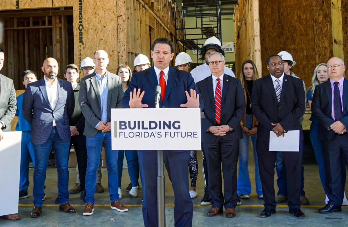 Florida Gov. Ron DeSantis speaks to reporters Feb. 2 about the need to boost hospitalized patient's rights at a press conference at Santa Fe College's construction school in Gainesville, Fla.  (Natasha Holt/The Epoch Times)