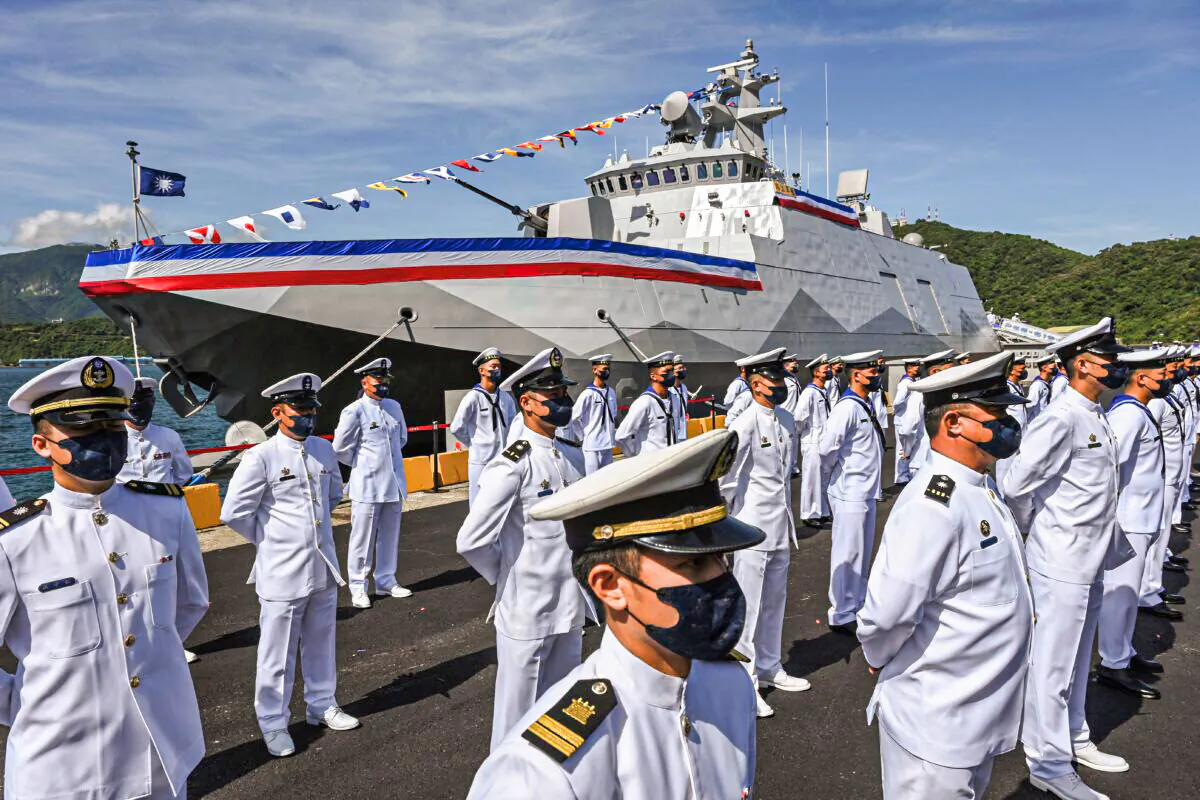 Taiwan’s navy soldiers stand in front of a Ta Chiang Corvette during an inauguration ceremony in Yilan, Taiwan on Sept. 9, 2021. (Sam Yeh/AFP via Getty Images)