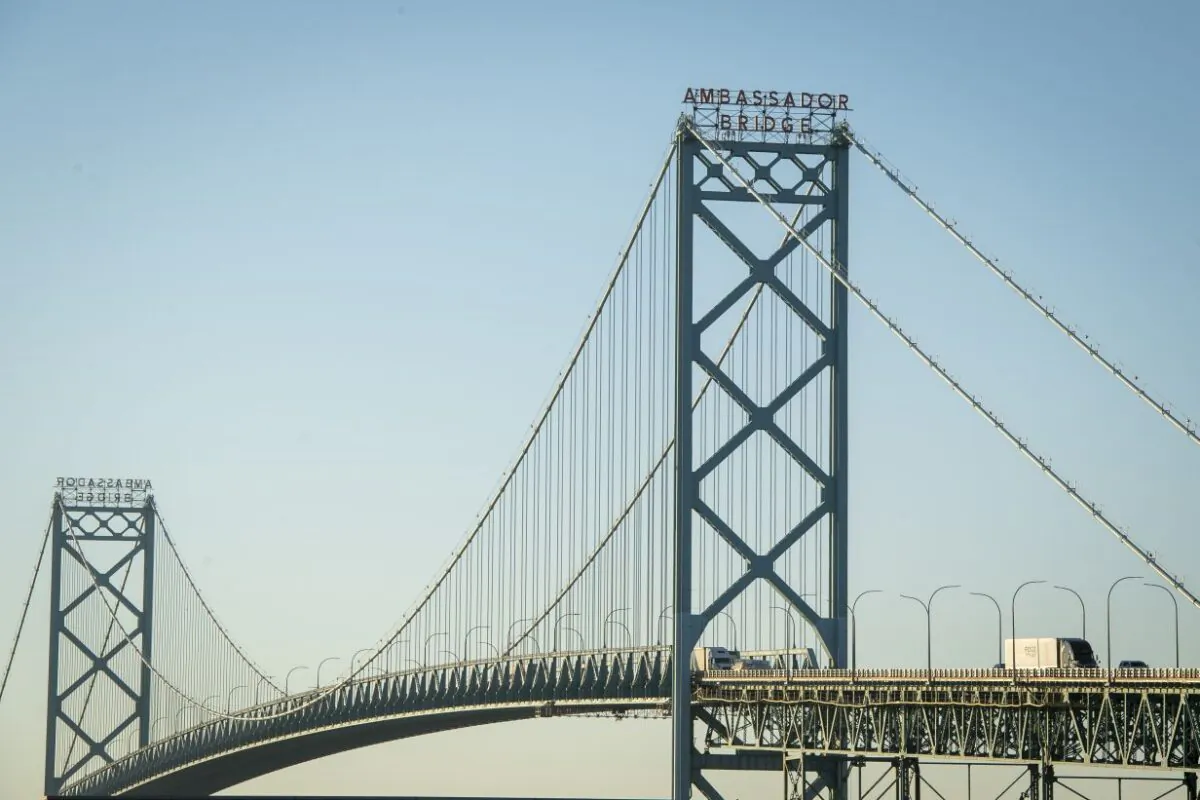 Vehicles travel across the Ambassador Bridge  in Detroit, Michigan, on Nov. 8, 2021. T (Nic Antaya/Getty Images)