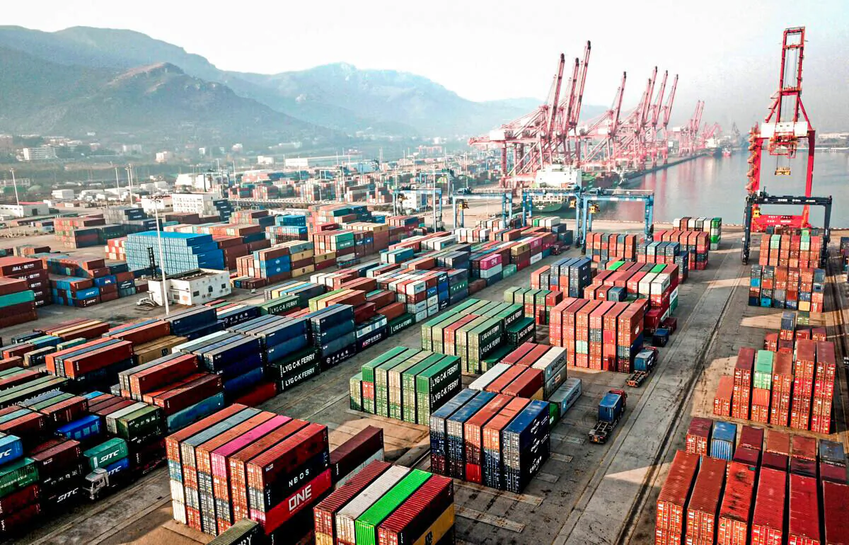 This aerial photo taken on Dec. 7, 2021 shows containers stacked at a port in Lianyungang in China's eastern Jiangsu province. (STR/AFP via Getty Images)
