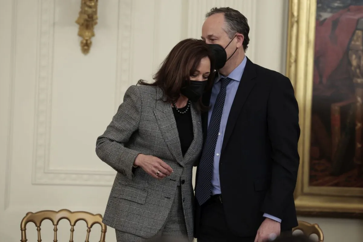 Second gentleman Douglas Emhoff is seen with Vice President Kamala Harris after her remarks during a Cancer Moonshot initiative event in the East Room of the White House in Washington on Feb. 2, 2022. (Anna Moneymaker/Getty Images)