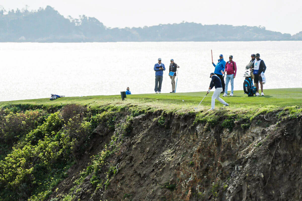 Jordan Spieth of the United States plays his second shot on the eighth hole during the third round of the AT&T Pebble Beach Pro-Am at Pebble Beach Golf Links, in Pebble Beach, Calif., on Feb. 5, 2022. (Kent Horner/Getty Images for AT&T)