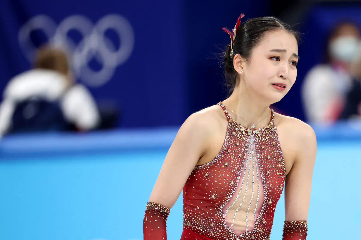 Zhu Yi of Team China reacts during the Women's Singles Free Skating Team Event on day three of the Beijing 2022 Winter Olympic Games at Capital Indoor Stadium  in Beijing on Feb. 7, 2022. (Lintao Zhang/Getty Images)