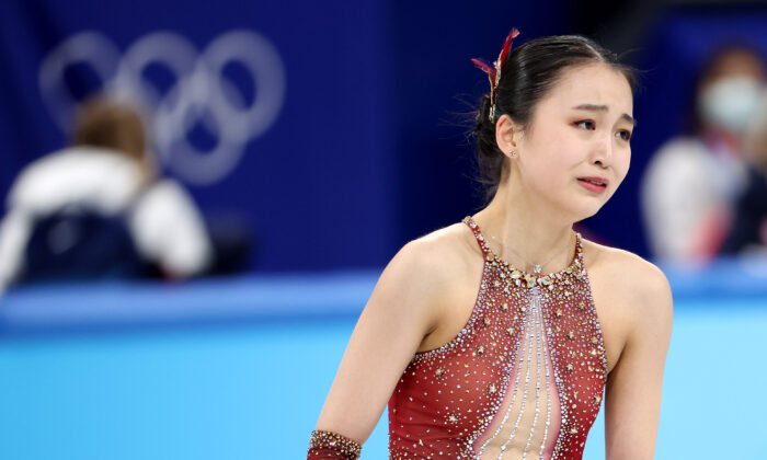 Zhu Yi of Team China reacts during the Women's Singles Free Skating Team Event on day three of the Beijing 2022 Winter Olympic Games at Capital Indoor Stadium  in Beijing on Feb. 7, 2022. (Lintao Zhang/Getty Images)