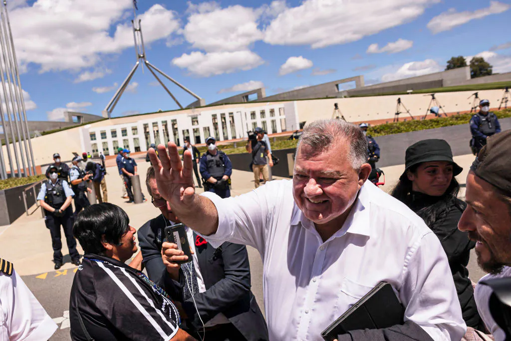 Craig Kelly MP preparing to take members of the 'Convoy to Canberra' movement inside federal Parliament in Canberra, Australia, on Feb. 8, 2022. (Brook Mitchell/Getty Images)