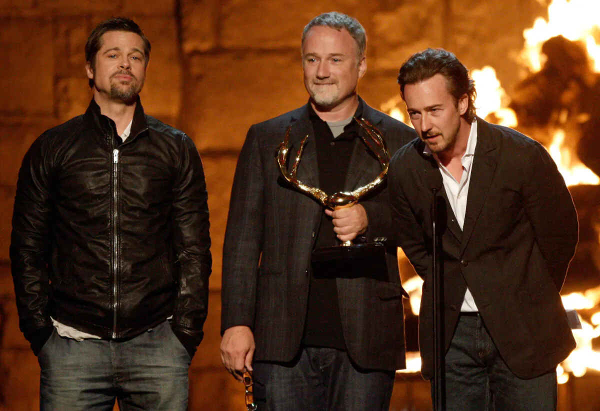 (L-R) Honorees actor Brad Pitt, director David Fincher and actor Edward Norton accept the Discretionary Guy Movie Hall of Fame honor for "Fight Club" onstage at Spike TV's 2009 "Guys Choice Awards" held at the Sony Studios in Los Angeles, California on May 30, 2009. (Kevin Winter/Getty Images)