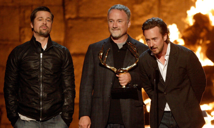 (L-R) Honorees actor Brad Pitt, director David Fincher and actor Edward Norton accept the Discretionary Guy Movie Hall of Fame honor for "Fight Club" onstage at Spike TV's 2009 "Guys Choice Awards" held at the Sony Studios in Los Angeles, California on May 30, 2009. (Kevin Winter/Getty Images)