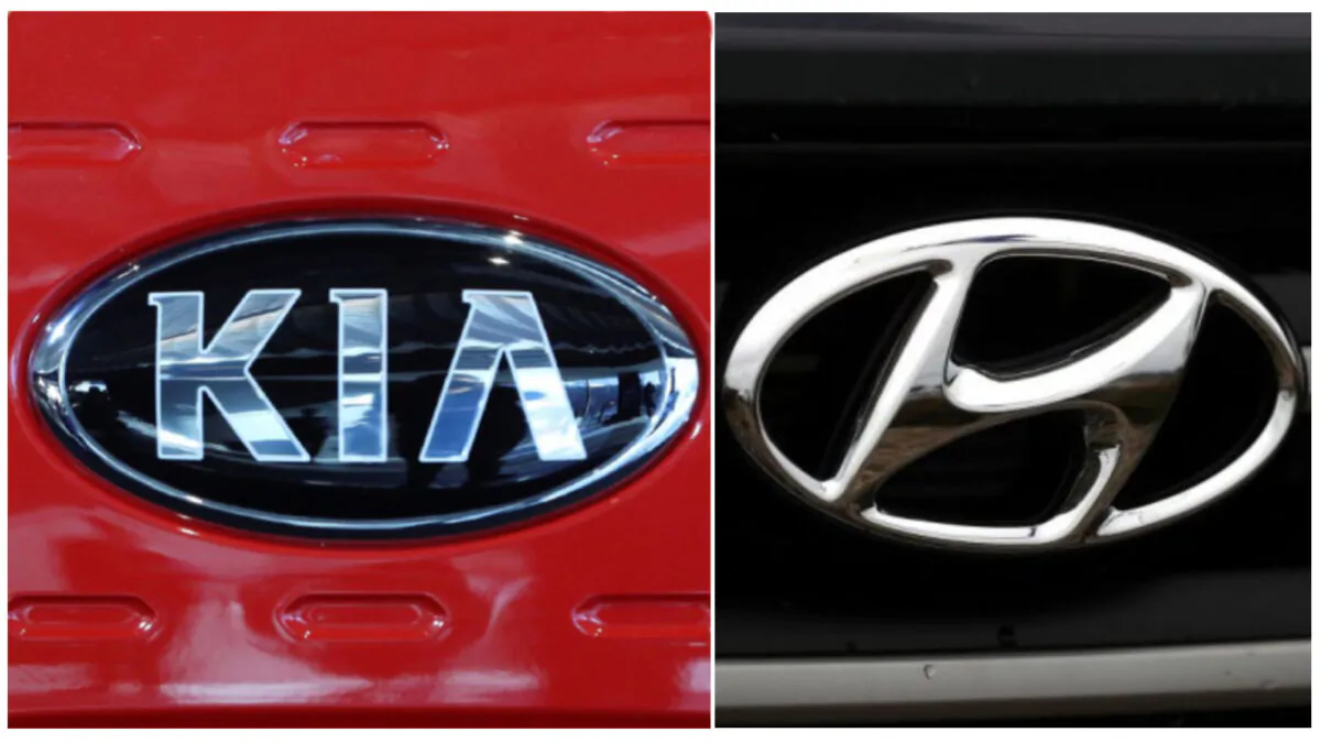 (Left) The logo of Kia Motors in Seoul, South Korea, on Dec. 13, 2017. (AP Photo); (Right) The Hyundai logo displayed on a brand new Hyundai Santa Fe SUV at a Hyundai dealership in Colma, Calif., on April 7, 2017. (Justin Sullivan/Getty Images)